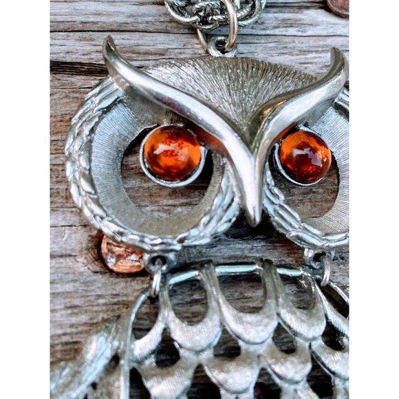 Vintage Large Articulated Owl Pendant Orange Eyes Double Chain - Picture 5 of 8